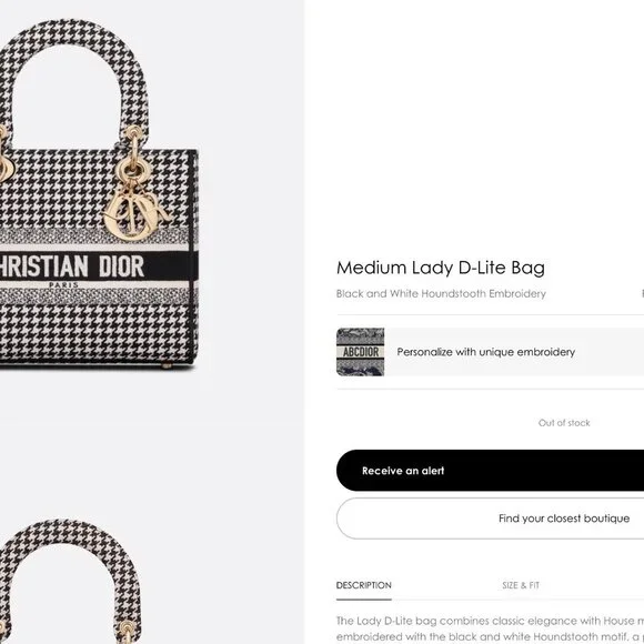 DIOR Medium Lady D-Lite Bag  Black and White Houndstooth Embroidery - Picture 11 of 11